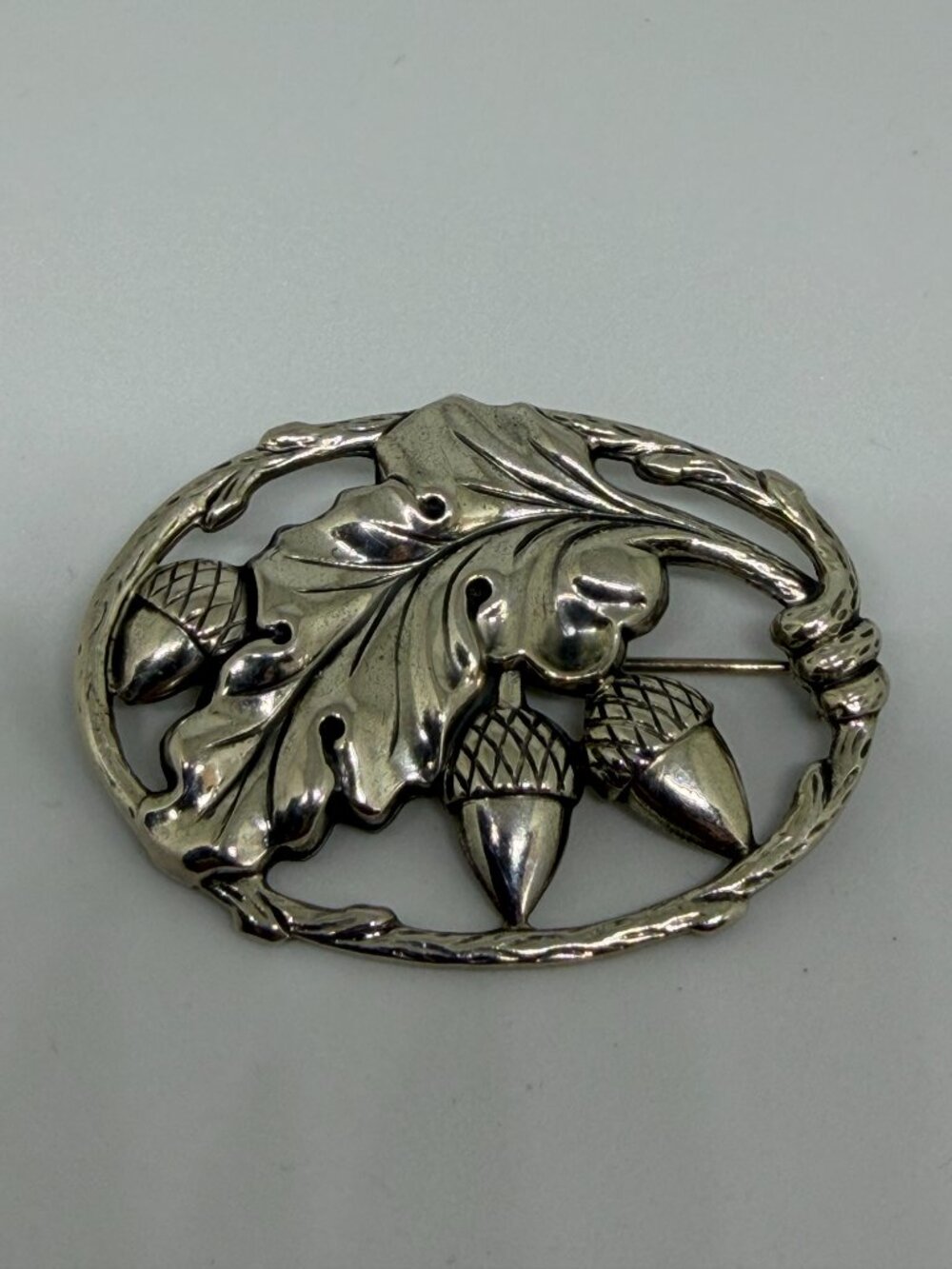 Vintage Danecraft oval sterling silver acorn and leaf brooch